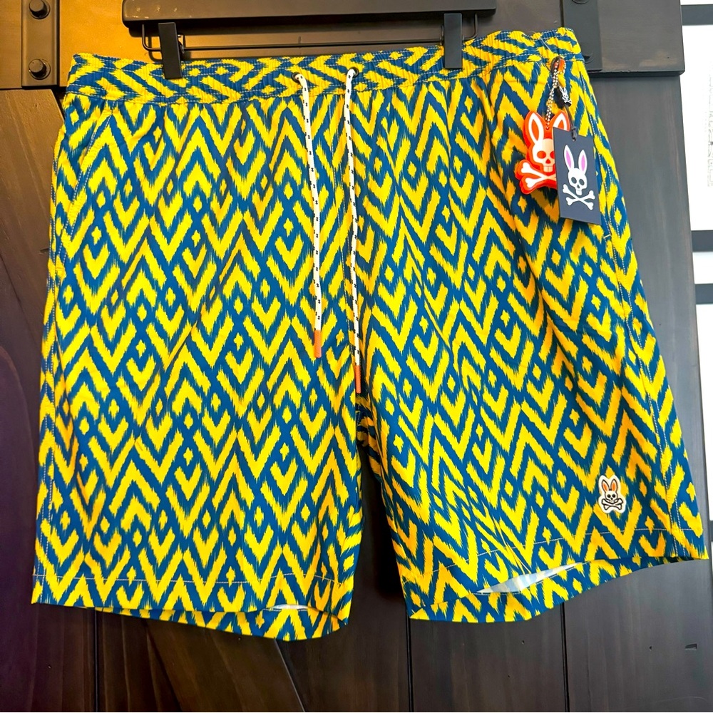 NWT Psycho Bunny Acker Swim Trunks Mens XXL Blue Yellow Chevron Pattern Sundance